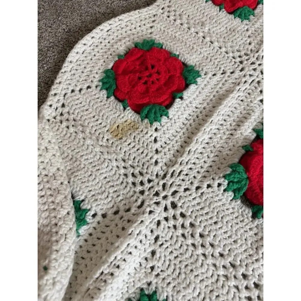 Vintage Handmade Crochet Afghan Blanket Red Roses Flower Throw XL 90in X 80in